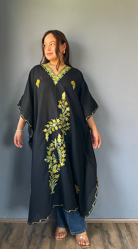 Aari Embroidered Cotton Kaftan | Black With Green Embroidery