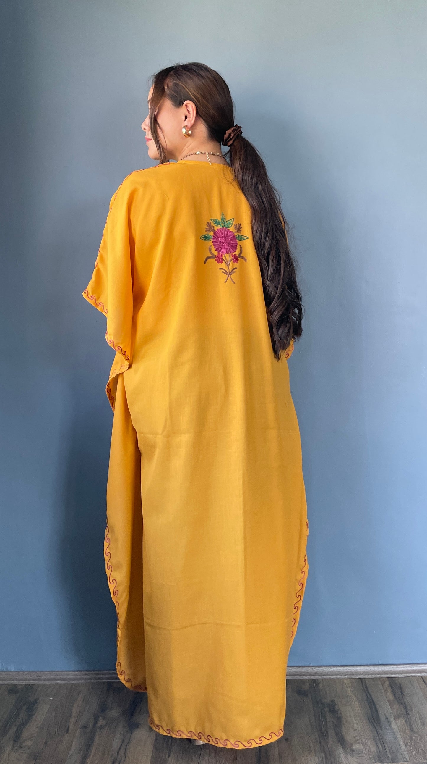 Aari Embroidered Cotton Kaftan | Mustard Yellow With Red And Purple Embroidery