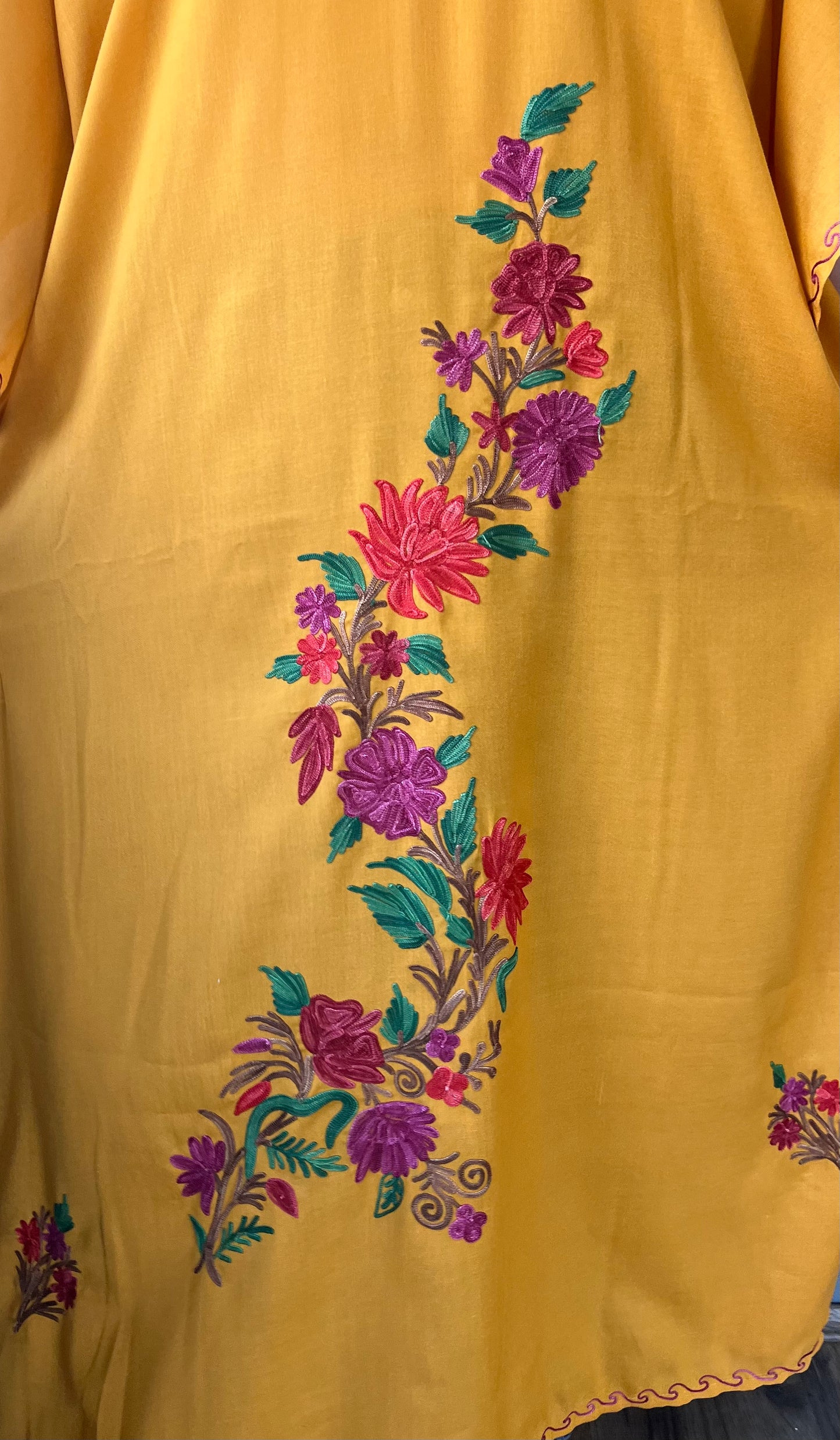 Aari Embroidered Cotton Kaftan | Mustard Yellow With Red And Purple Embroidery