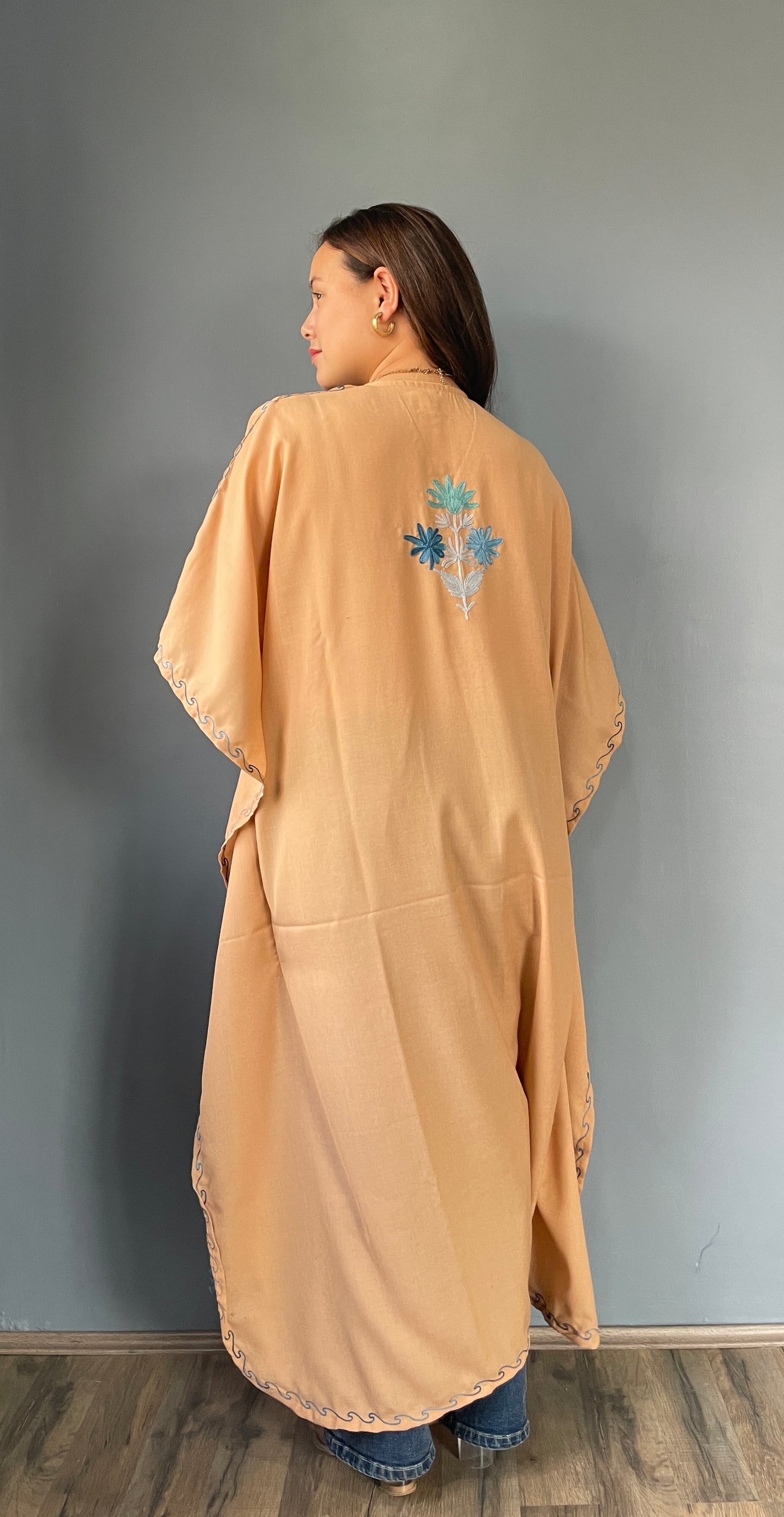 Aari Embroidered Cotton Kaftan | Desert Sand With Blue Embroidery