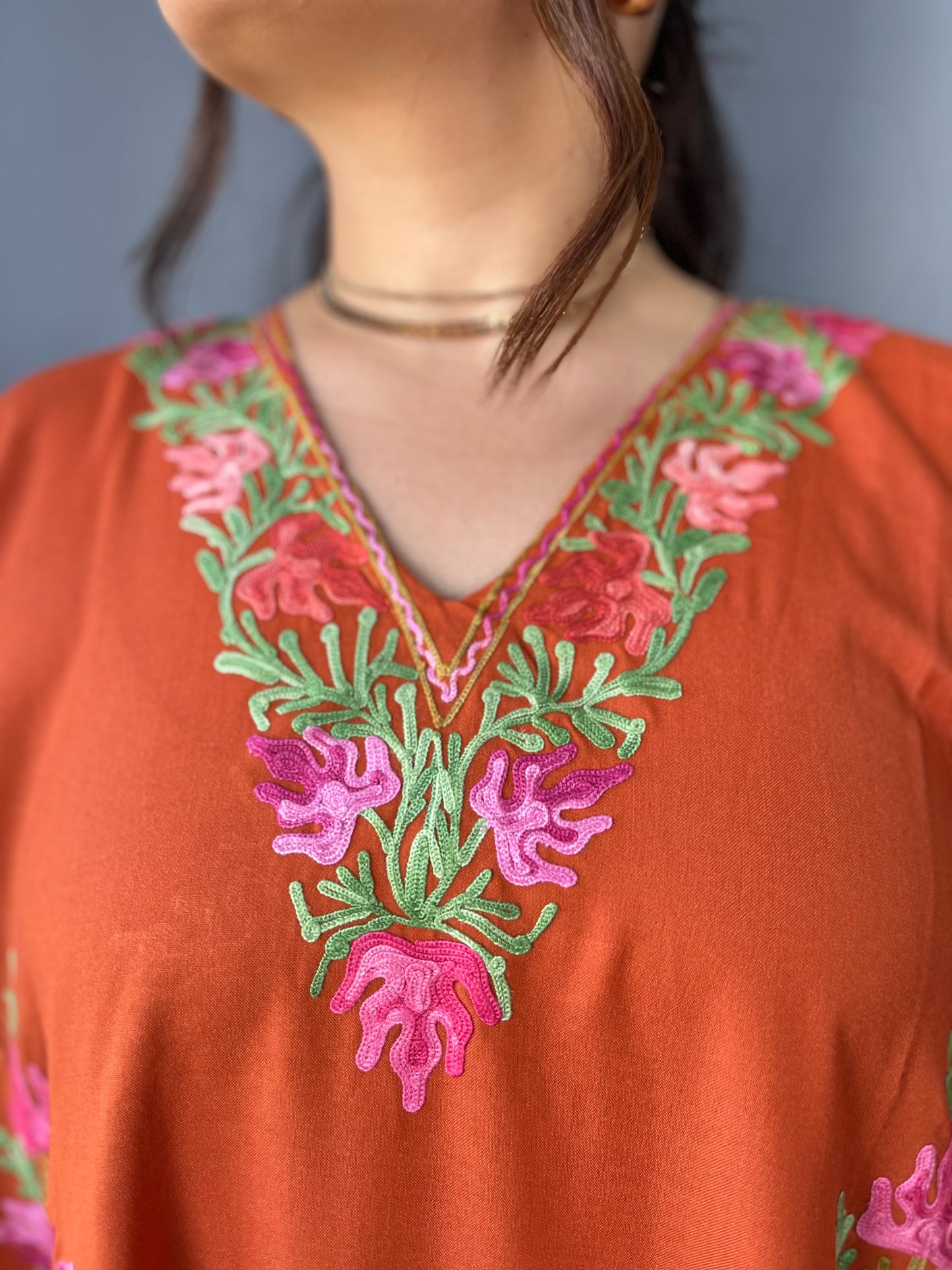 Aari Embroidered Cotton Kaftan | Orange With Green And Pink Embroidery