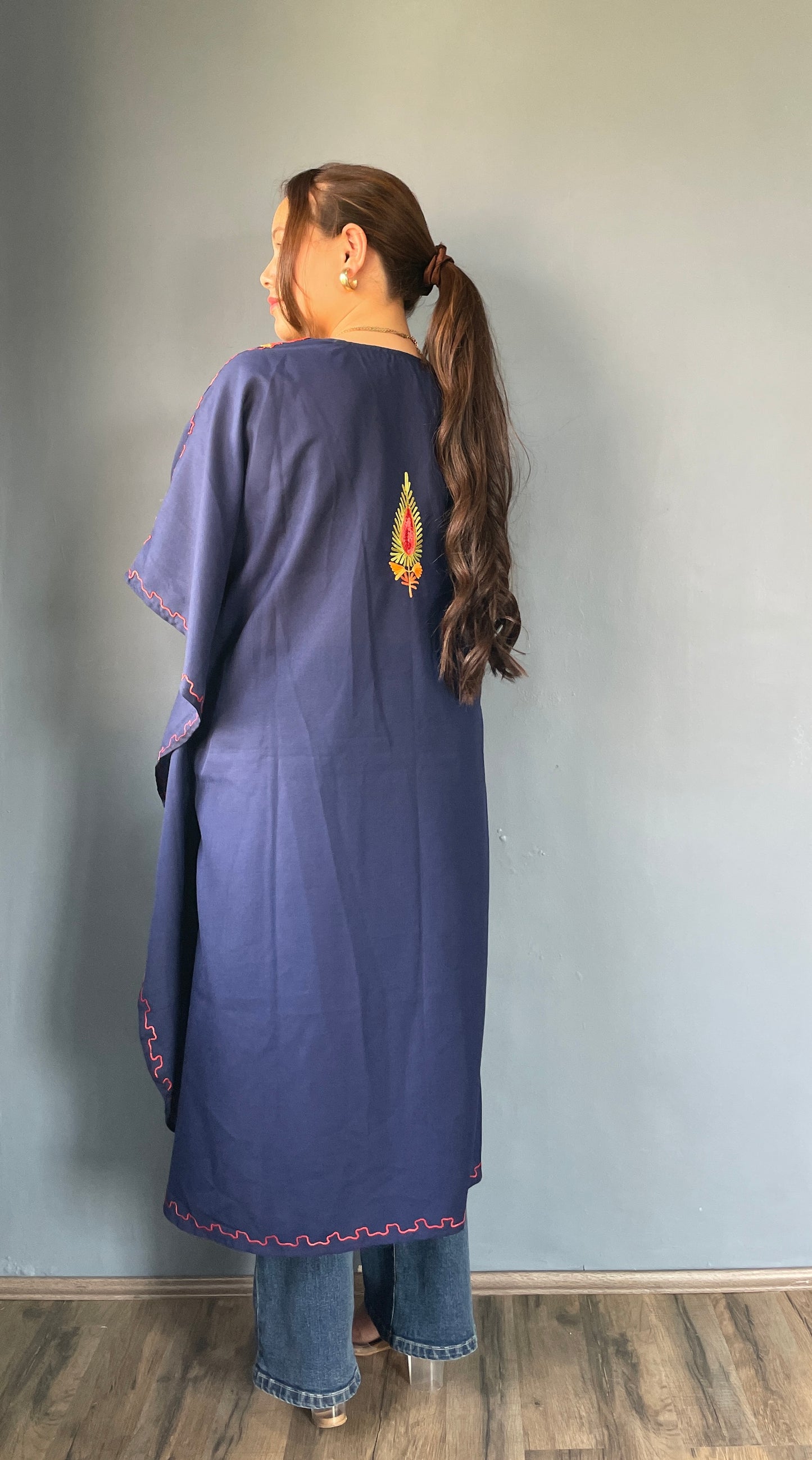 Aari Embroidered Cotton Kaftan | Navy Blue With Red and Green Embroidery