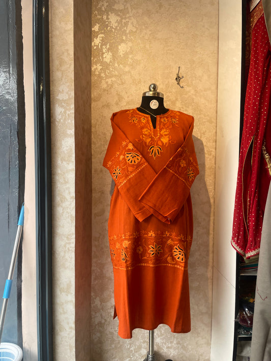 Aari Embroidered Pheran | Rust Orange