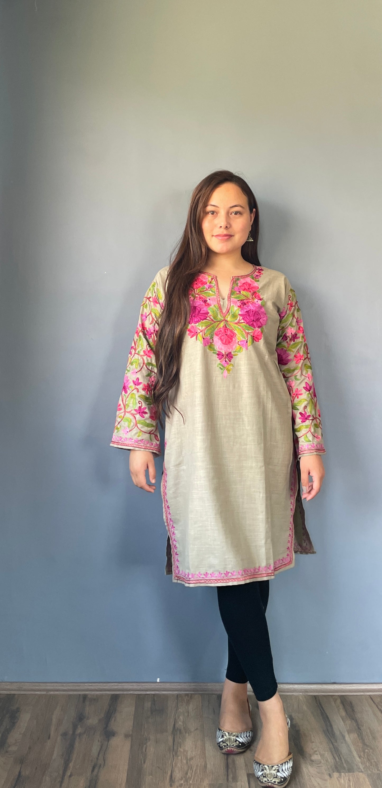 Sonzal Kurti | Pashmina Gray With Purple Embroidery