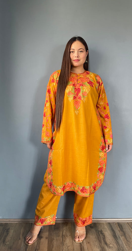 Bahaar Kurta Set | Mustard With Red Embroidery