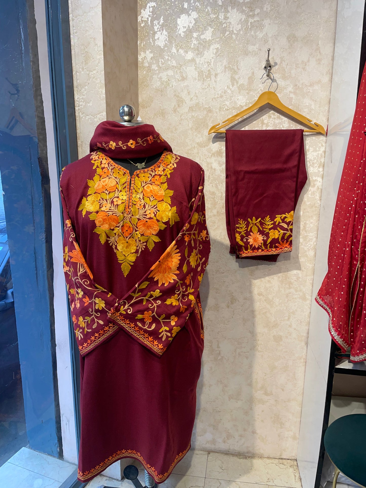 Aari Embroidered Pheran Suit  | Maroon