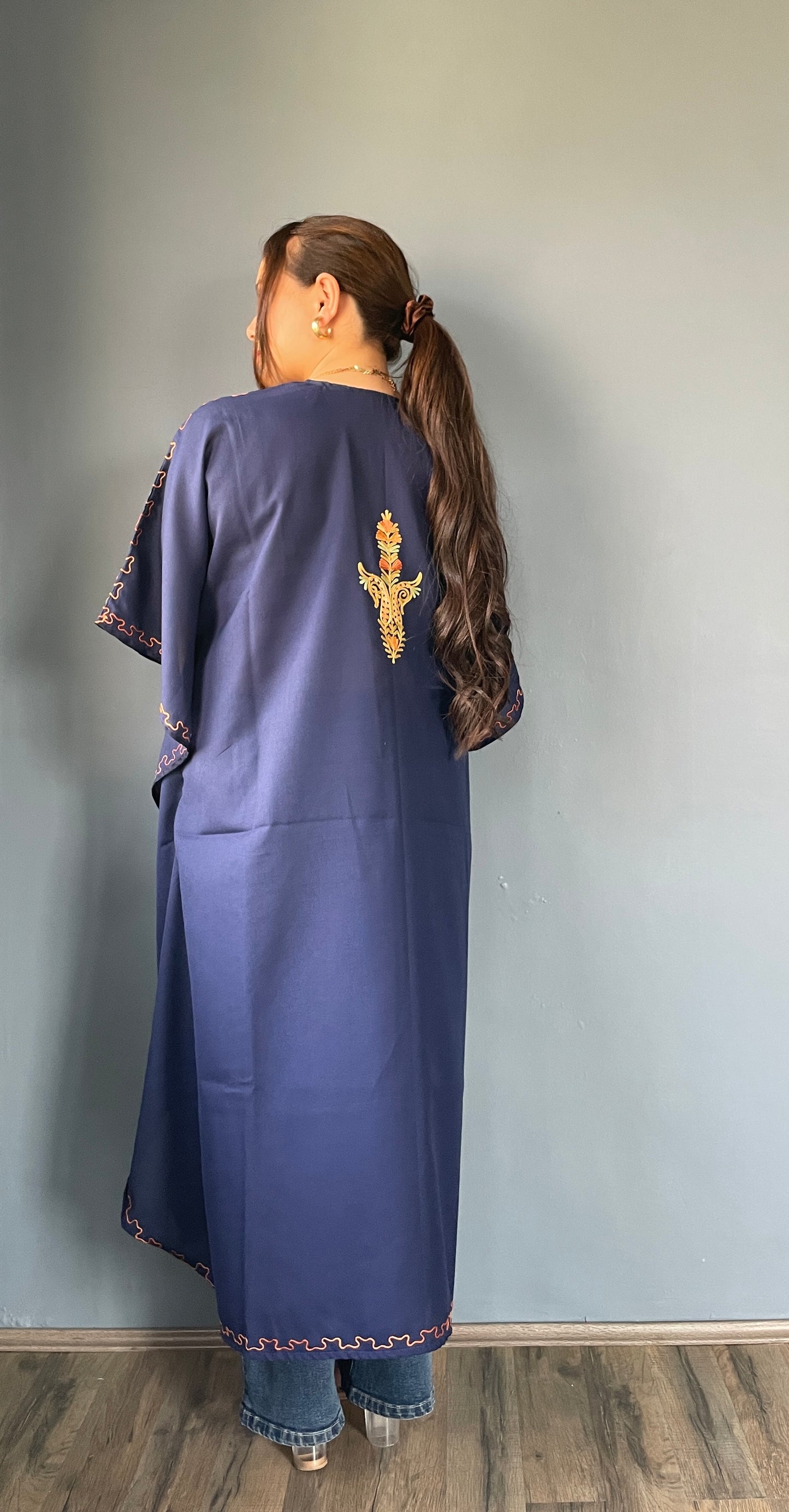 Aari Embroidered Cotton Kaftan | Navy Blue With Golden and Green Embroidery