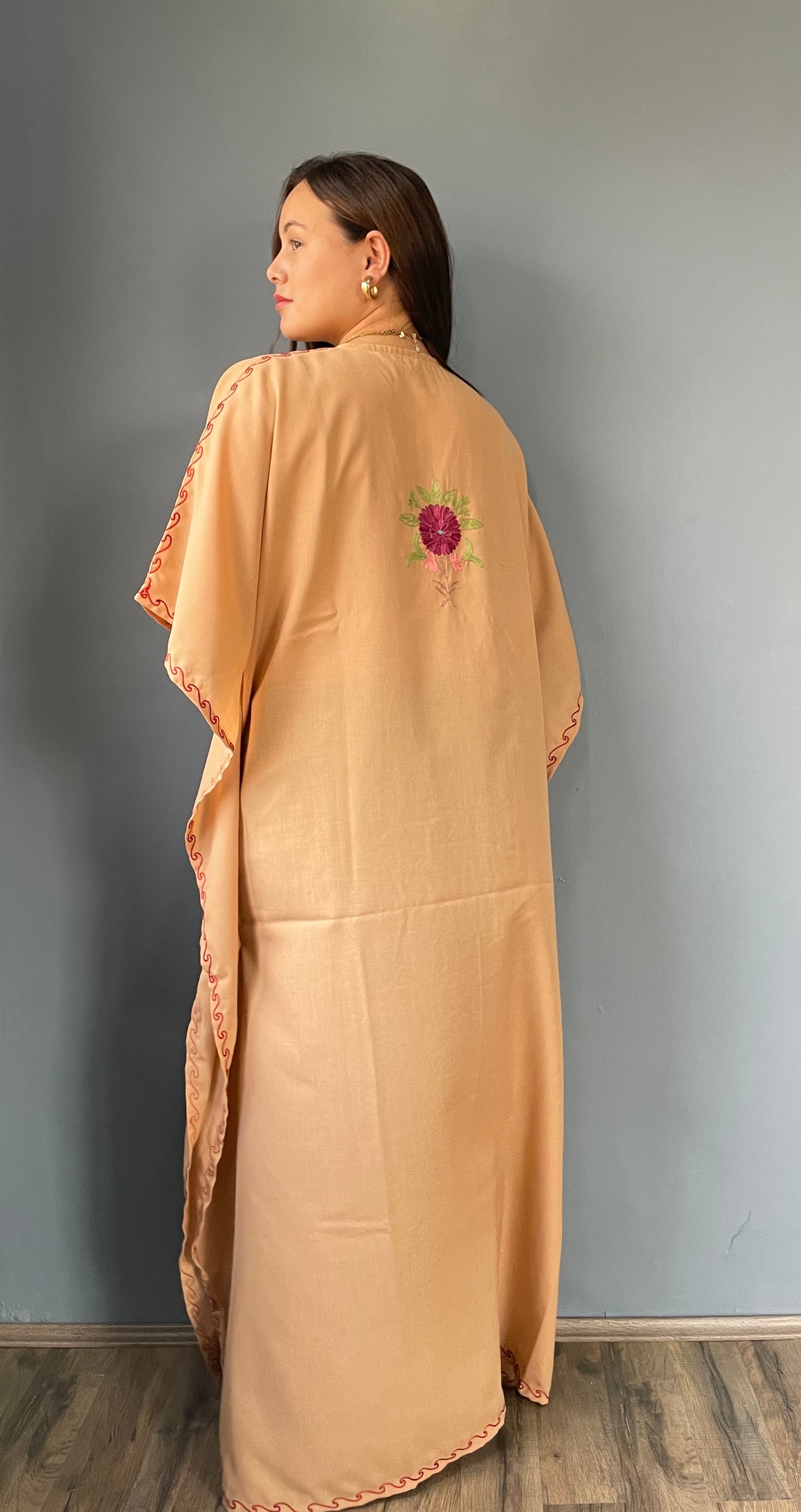 Aari Embroidered Cotton Kaftan | Desert Sand With Red Embroidery