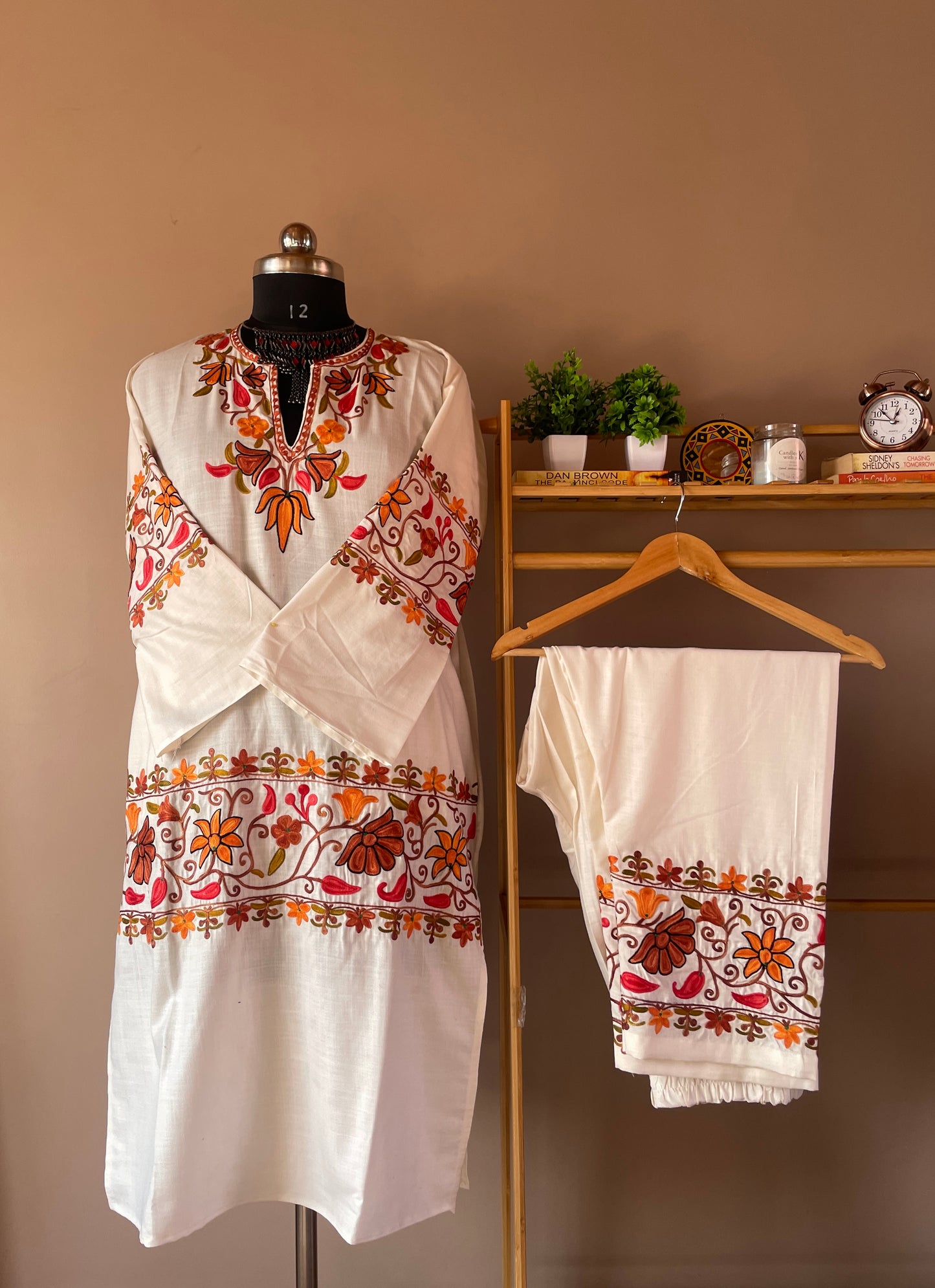 Coord | White | Orange, Brown & Black Aari Embroidered