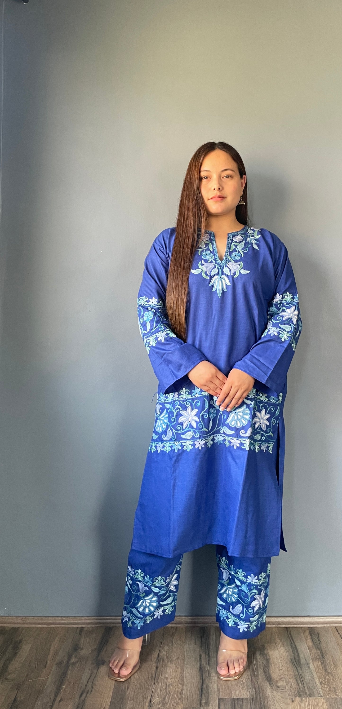 Coord | Blue | Blue And White Aari Embroidered