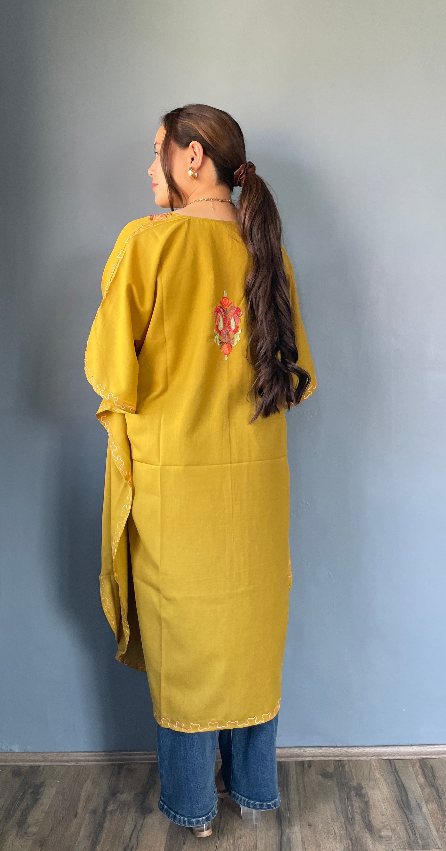 Aari Embroidered Cotton Kaftan | Saffron With Red And Brown Embroidery