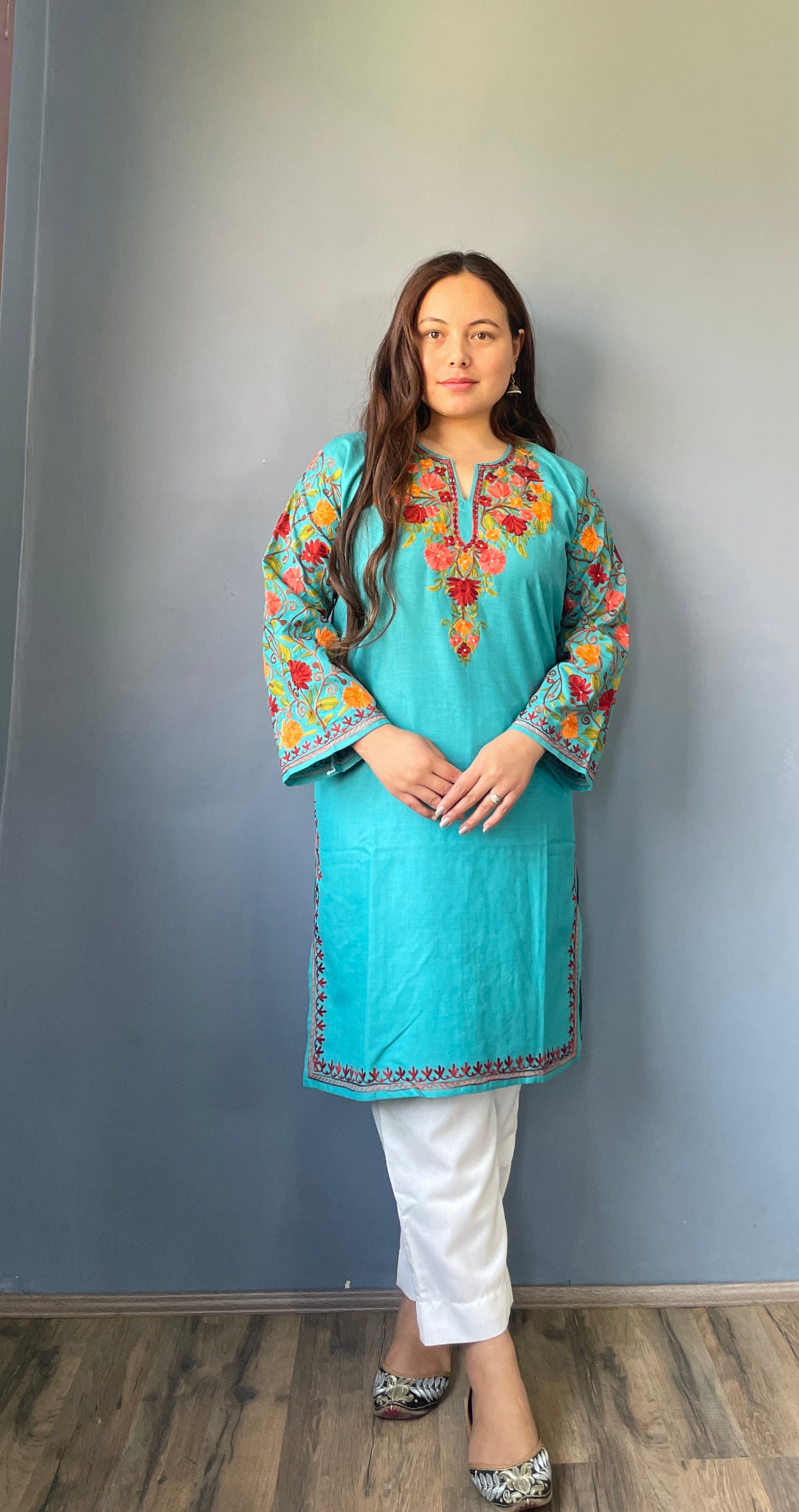 Sonzal Kurti | Sky Blue With Orange Embroidery