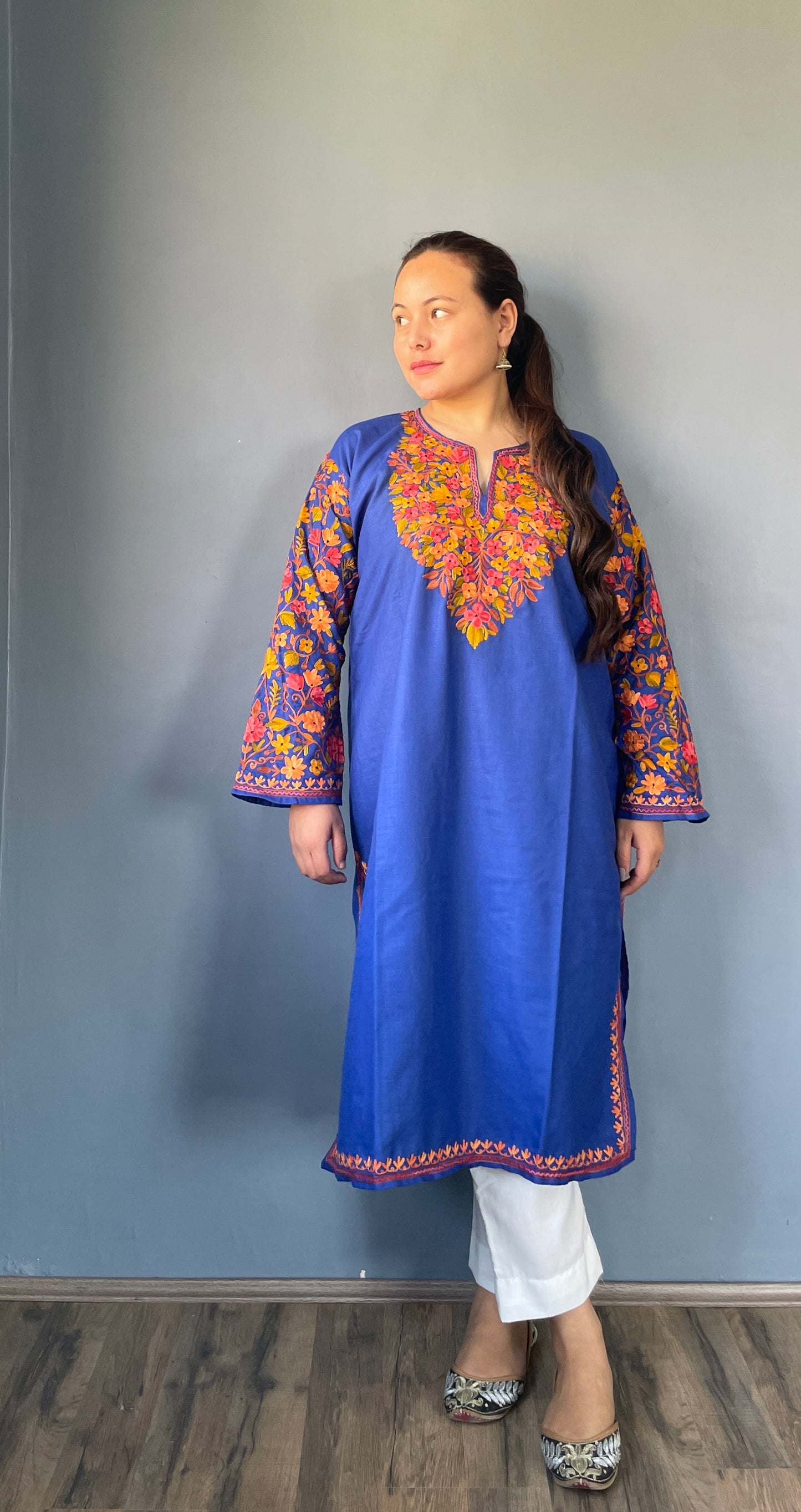 Sonzal Kurti | Royal Blue With Olive Green Embroidery