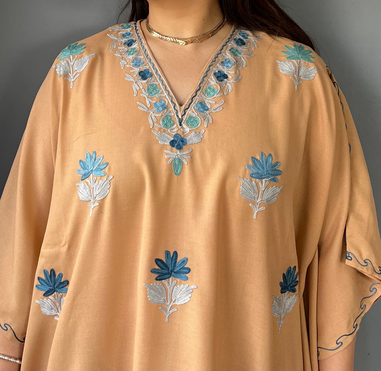 Aari Embroidered Cotton Kaftan | Desert Sand With Blue Embroidery