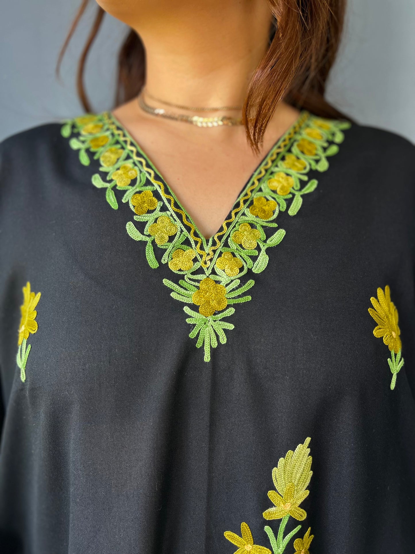 Aari Embroidered Cotton Kaftan | Black With Green Embroidery