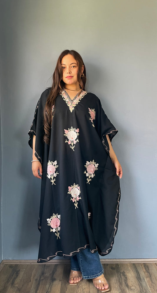 Aari Embroidered Cotton Kaftan | Black With Pink And White Embroidery