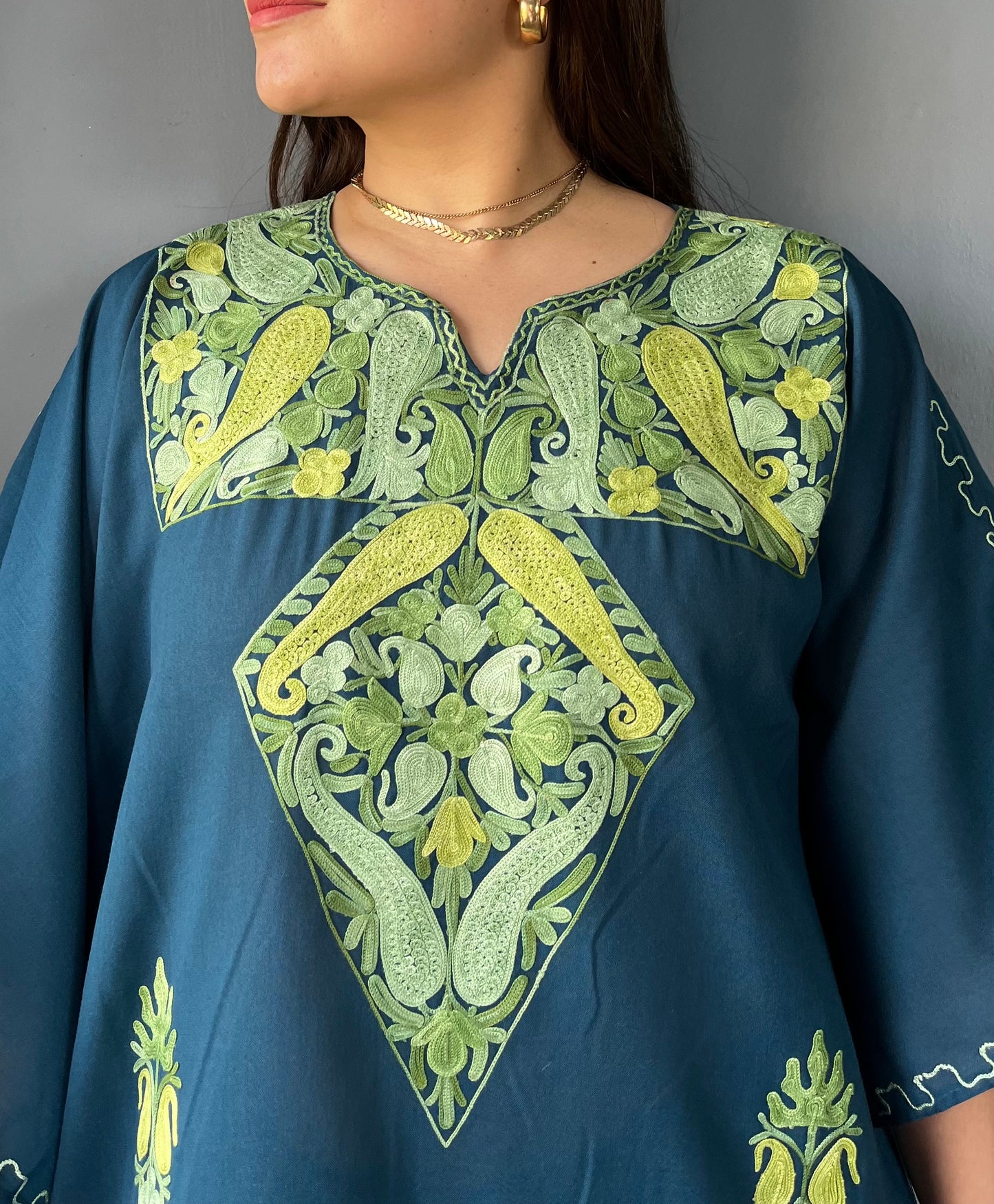 Aari Embroidered Cotton Kaftan | Teal Blue With Green Embroidery