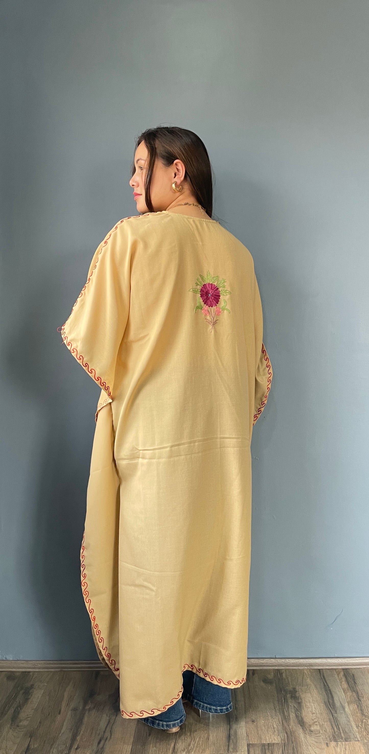 Aari Embroidered Cotton Kaftan | Camel Brown With Red Embroidery