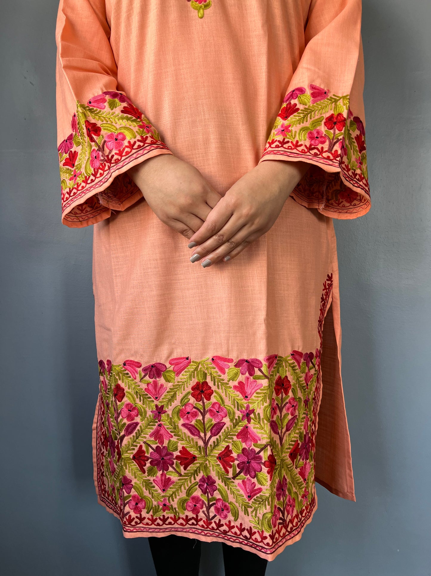 Sonzal Kurti | Peach With Purple And Green Embroidery