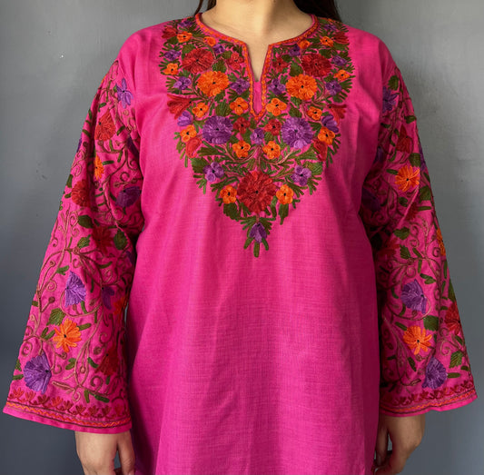 Sonzal Kurti | Bright Pink With Green Embroidery