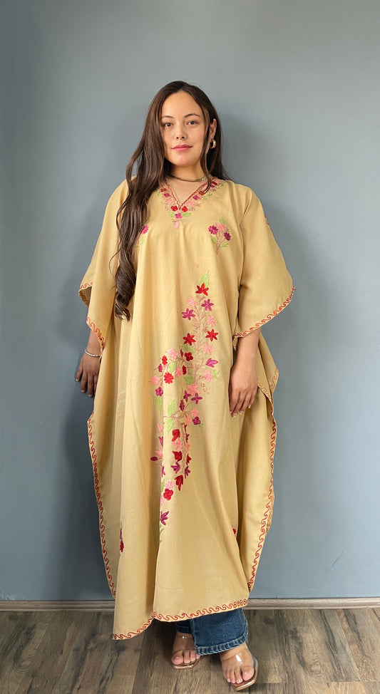 Aari Embroidered Cotton Kaftan | Camel Brown With Red Embroidery