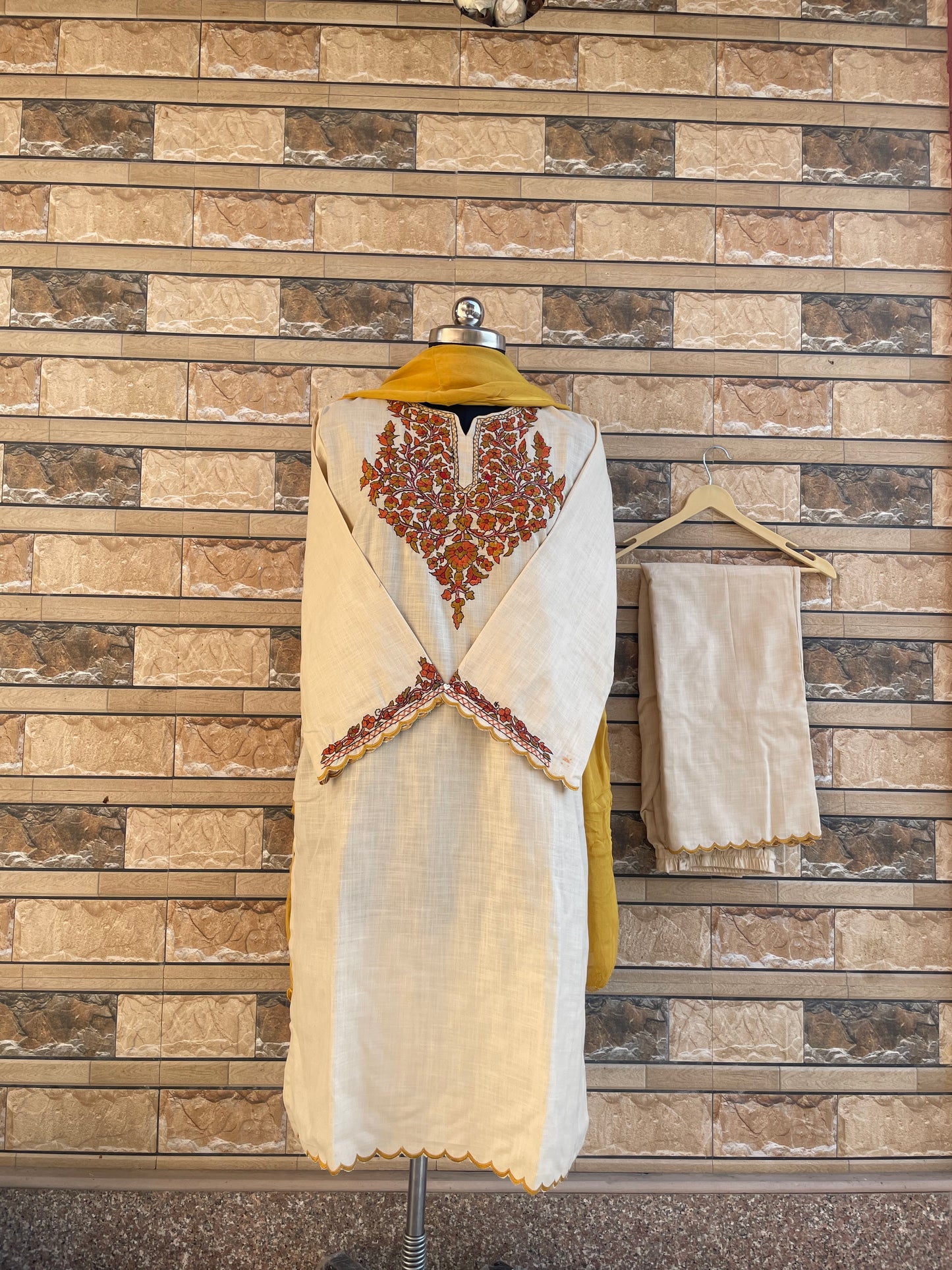 Sozni Embroidered Suit | Beige (Mustard Embroidery)