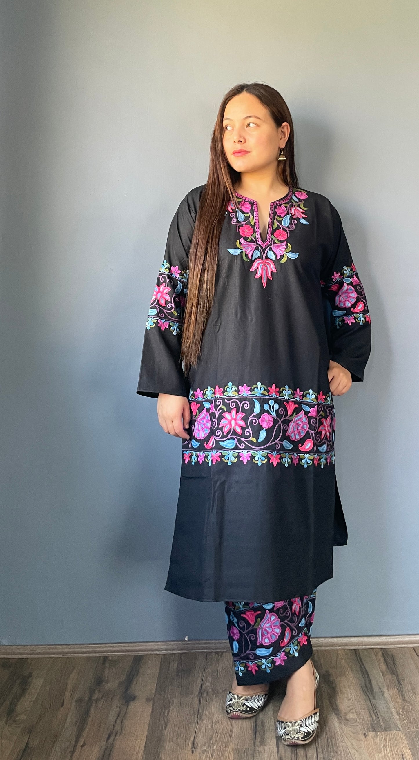 Coord | Black | Blue And Pink Aari Embroidered