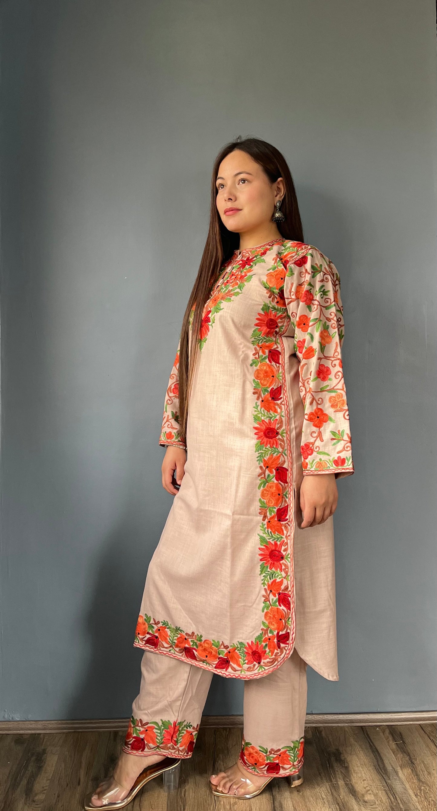 Bahaar Kurta Set | Almond Beige With Green Embroidery