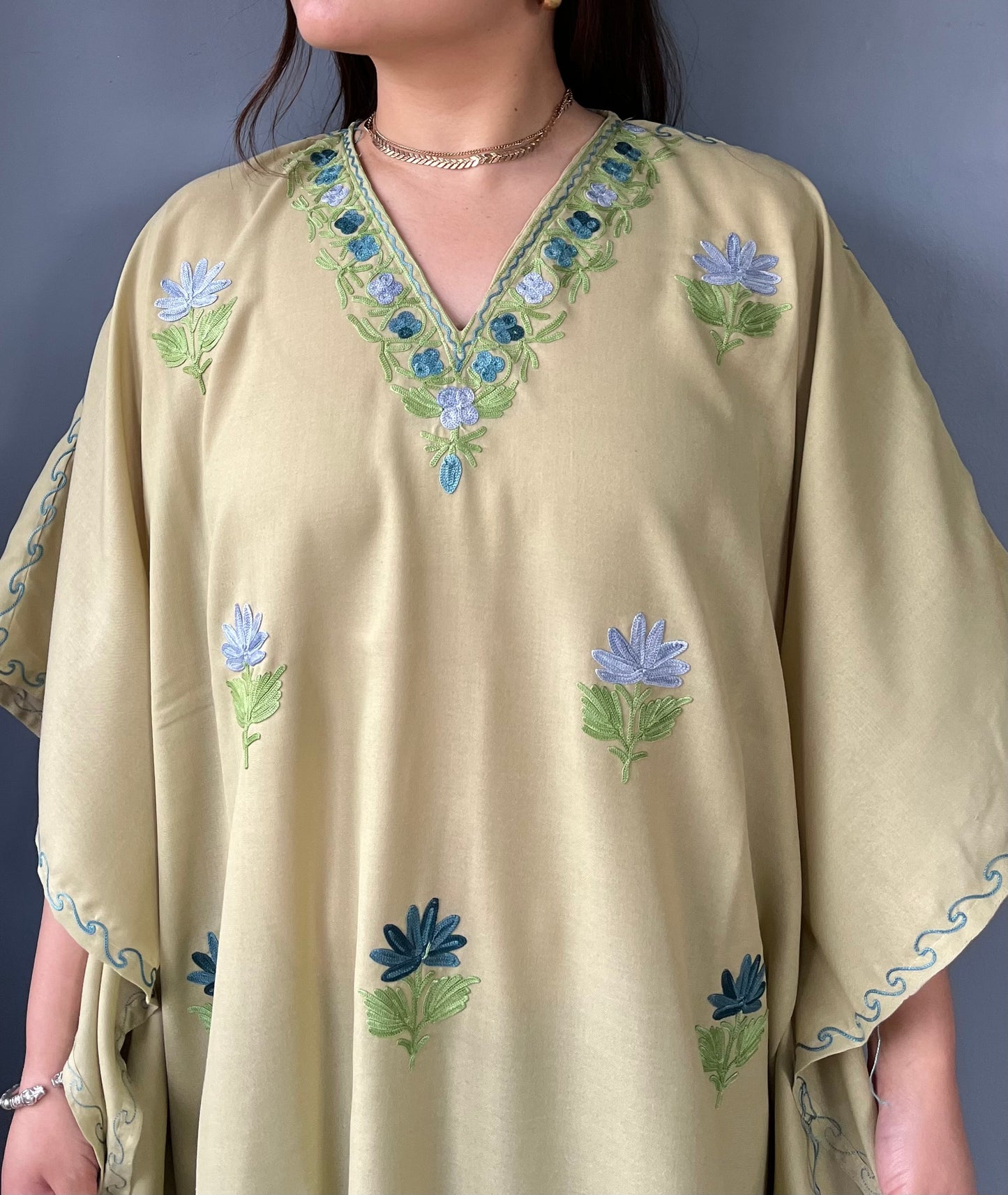 Aari Embroidered Cotton Kaftan | Mint Green With Blue And Green Embroidery