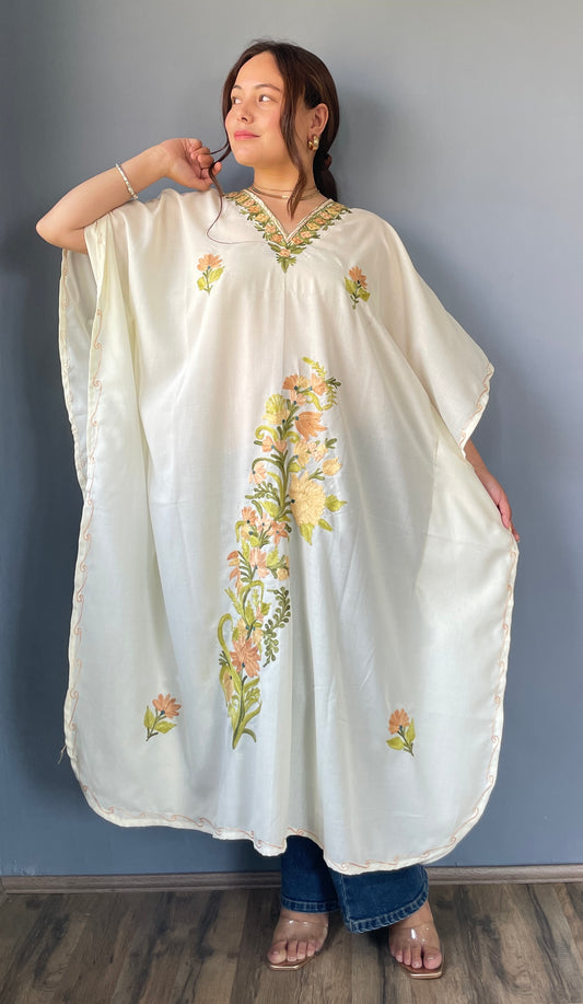 Aari Embroidered Cotton Kaftan | White With Green And Golden Embroidery