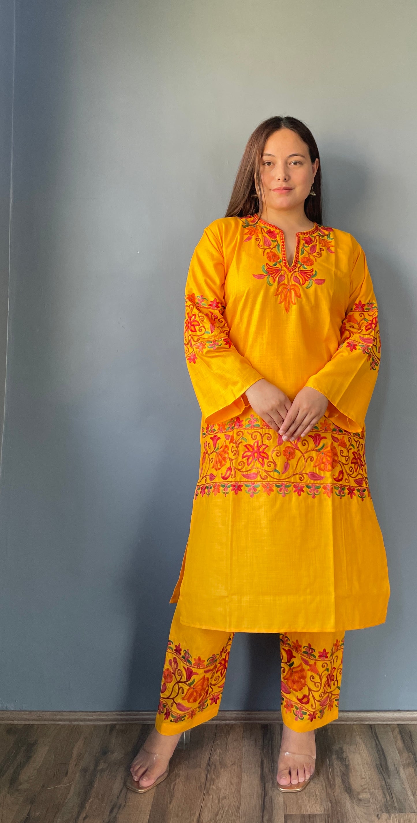 Coord | Bright Yellow | Orange And Green Aari Embroidered