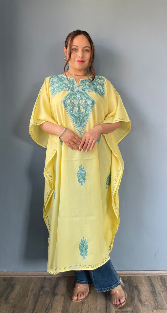 Aari Embroidered Cotton Kaftan | Pastel Yellow With Blue Embroidery