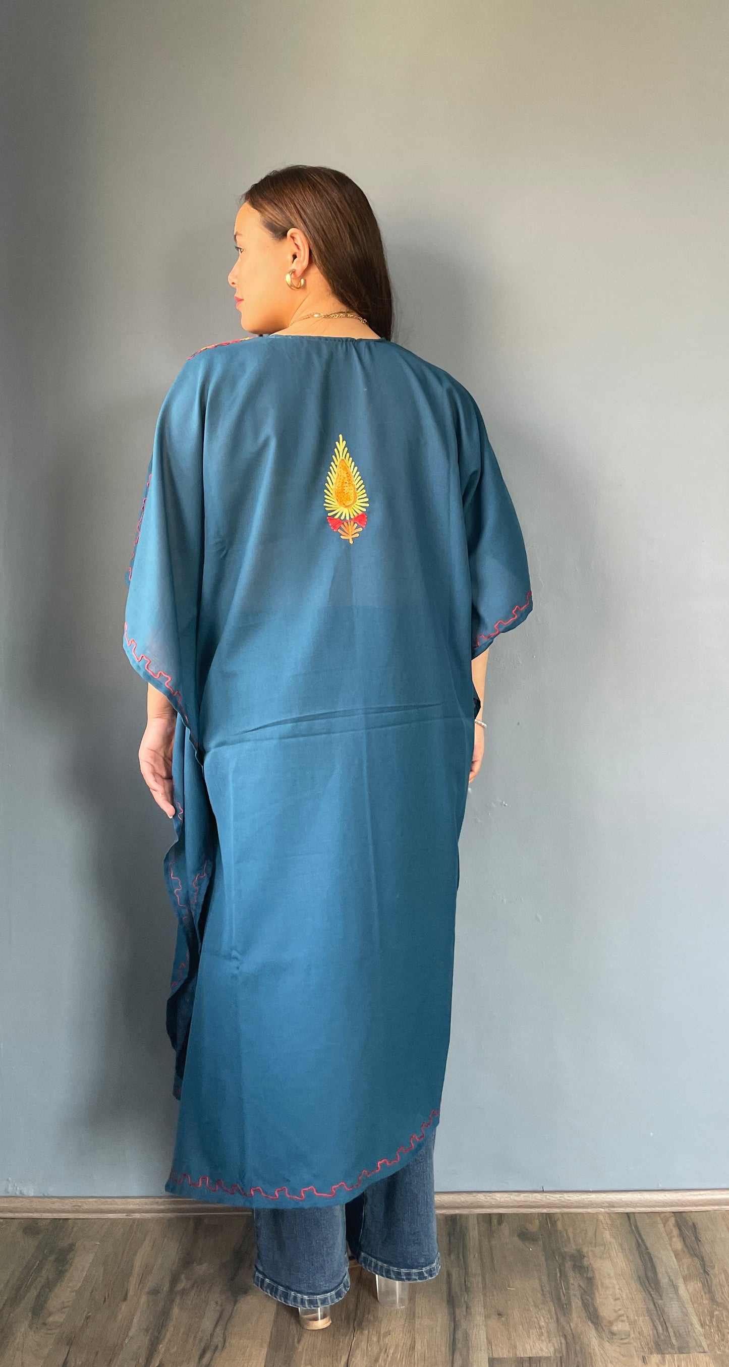 Aari Embroidered Cotton Kaftan | Teal Blue With Red and Golden Embroidery