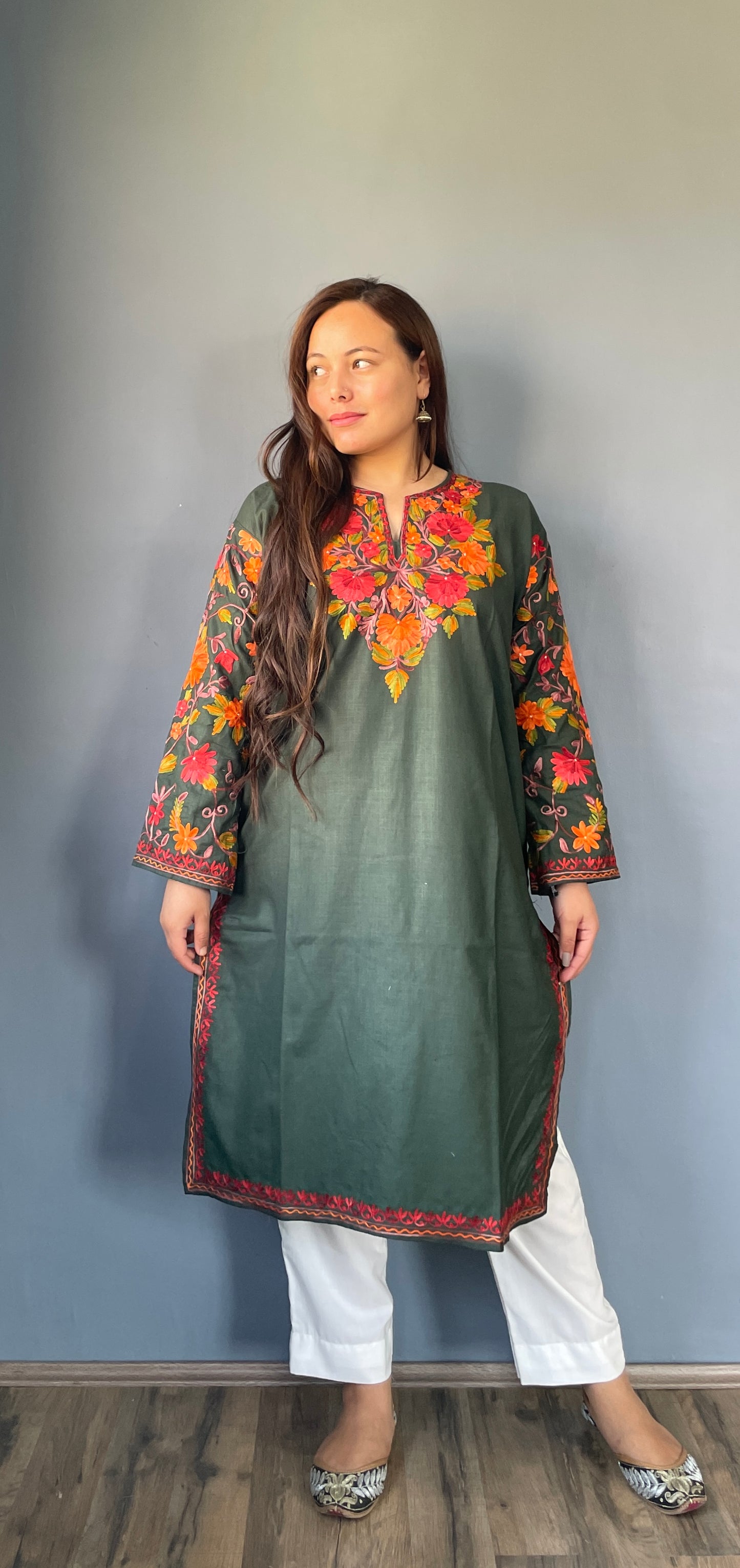 Sonzal Kurti | Olive Green With Red And Green Embroidery