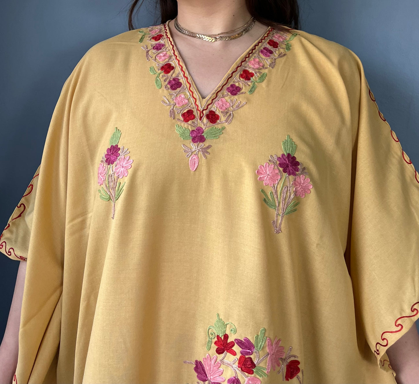 Aari Embroidered Cotton Kaftan | Tan Brown With Pink Embroidery