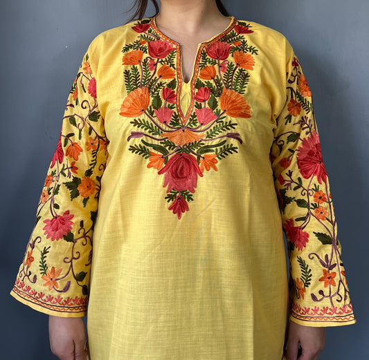 Sonzal Kurti | Daisy Yellow With Green Embroidery