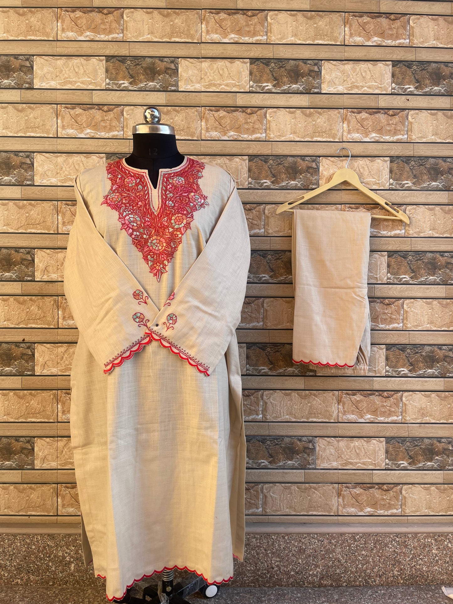 Sozni Embroidered Suit | Beige (Red Embroidery)