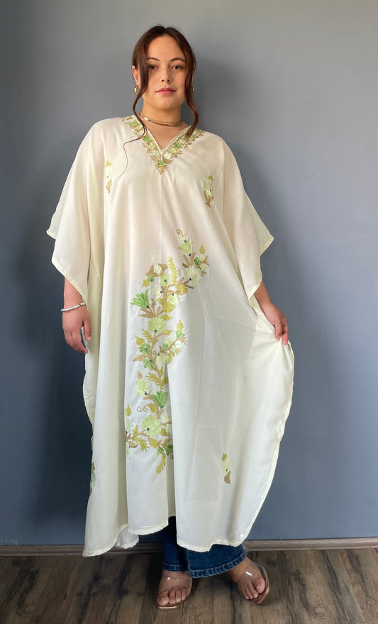 Aari Embroidered Cotton Kaftan | White With Green Embroidery