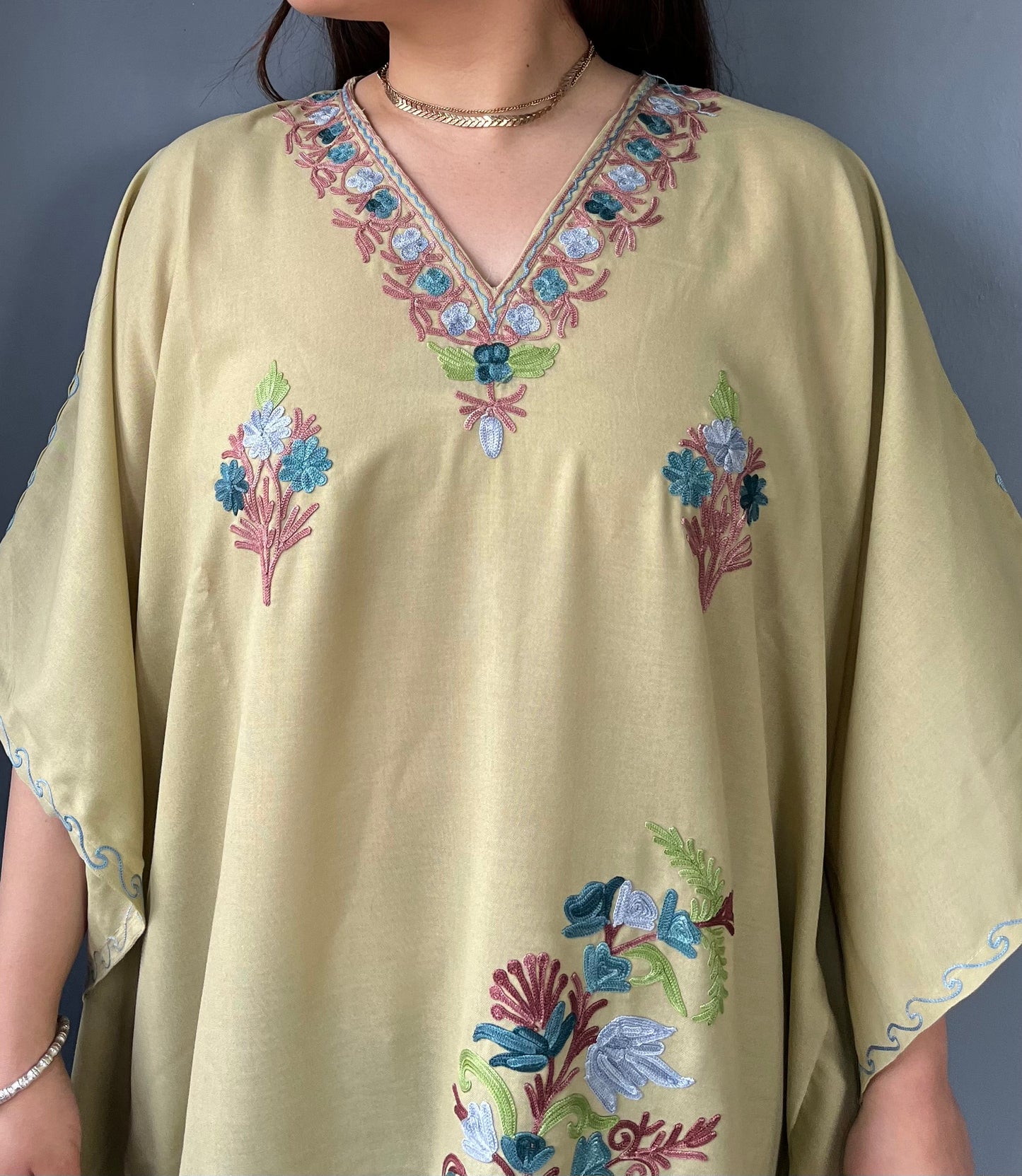 Aari Embroidered Cotton Kaftan | Mint Green With Brown And Blue Embroidery